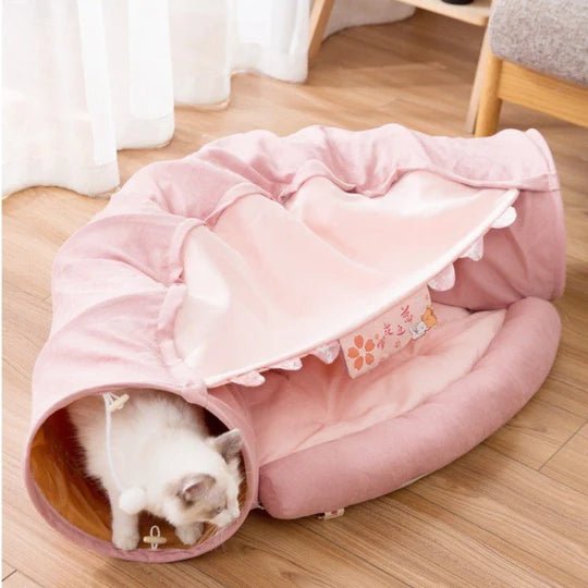 CHERRY BLOSSOM CAT TUNNEL WITH REMOVABLE CAT BED